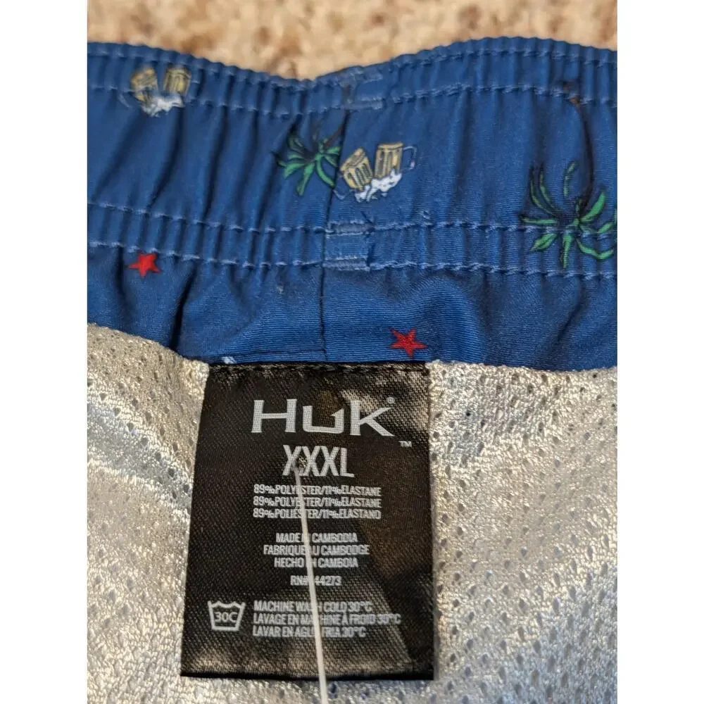 HUK Mens Charter Volley swim trunks/shorts, XXL; boat; Palm tree & Fish Pattern